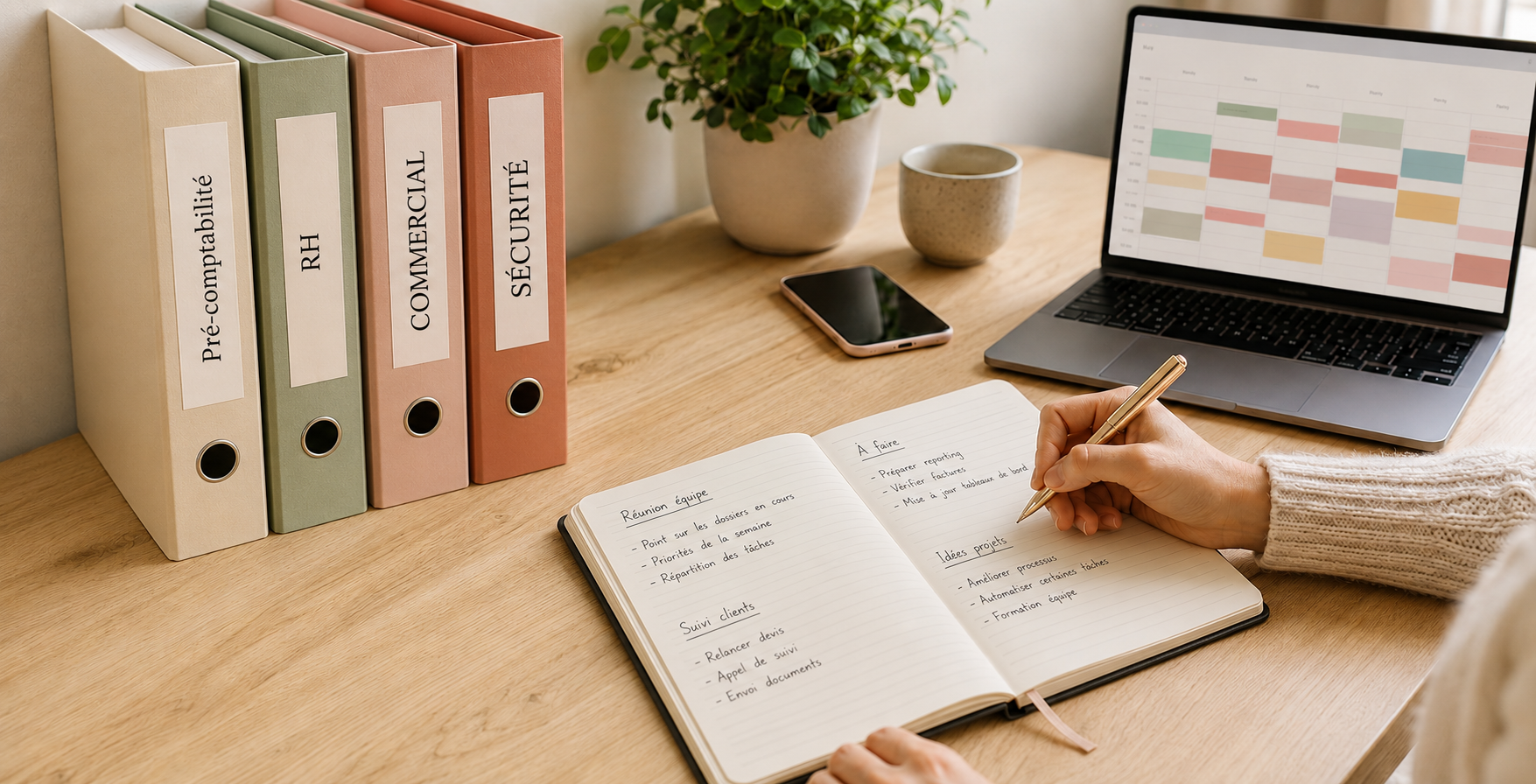 Bureau organisé avec ordinateur et dossiers